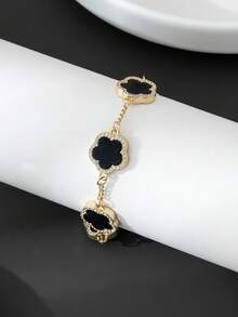 1 件简约日常幸运四叶草水钻装饰金属链手链，送给男朋友的礼物 - 黑色 - 查看 2