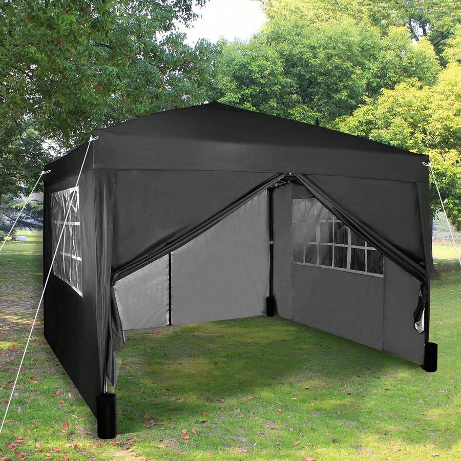 MCC Direct Pop-Up Gazebo 3m X 3m With Sides 2 Wind Bars & 4 Weight Bags & Silver Protective Layer Waterproof Marquee Canopy WS - Black - View 1