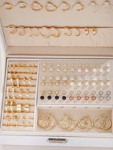108pcs Simple Faux Pearl & Rhinestone Metal Geometric Stud Earrings & Hoop Earrings Set, Gift For Women, Suitable For Vacation, Date, Daily Casual, Wedding Matching - Vàng - Xem 2
