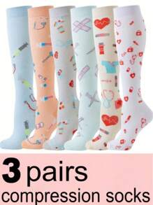 6 Pairs Women's Cute Pattern Breathable Knee-High Compression Socks, Suitable For Running, Cycling, Hiking, Travel - Multicolor - View 1