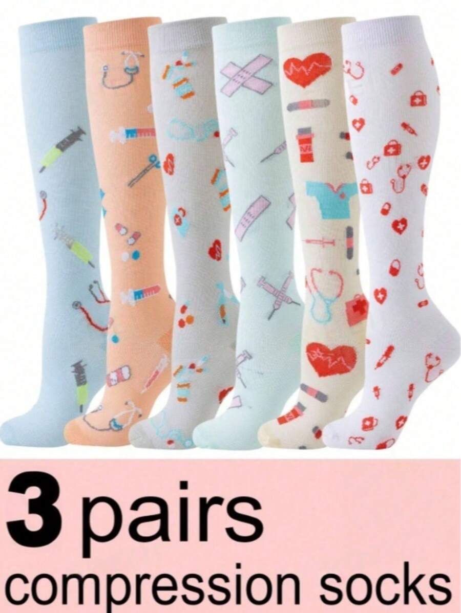 6 Pairs Women's Cute Pattern Breathable Knee-High Compression Socks, Suitable For Running, Cycling, Hiking, Travel - Multicolor - View 1