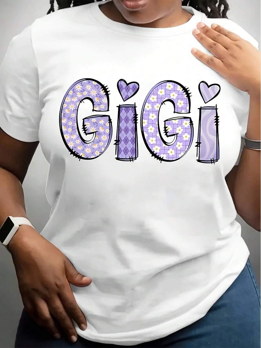 Plus Size Crew Neck White T-Shirt With GiGi Purple Floral Hearts Print For Family Gathering - trắng - Xem 1