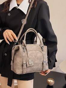 New Vintage Casual Women Handbag, Boston Bag, Office Commute Tote Bag, Shoulder Crossbody Bag With Detachable Strap