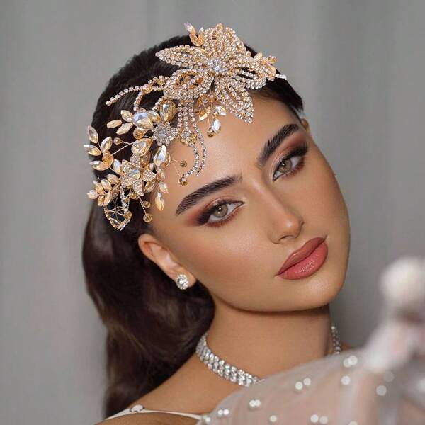 1 Peça Tiara de Noiva Artesanal na Cor Champanhe com Cristais, Headband com Corrente de Garra para Casamento, Noivado, Acessórios de Vestido de Formatura
