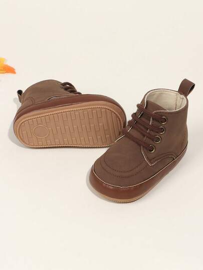 1 双男童纯色系带设计平底防滑休闲幼儿步行鞋，0-1 岁，时尚高帮靴，适合春秋季