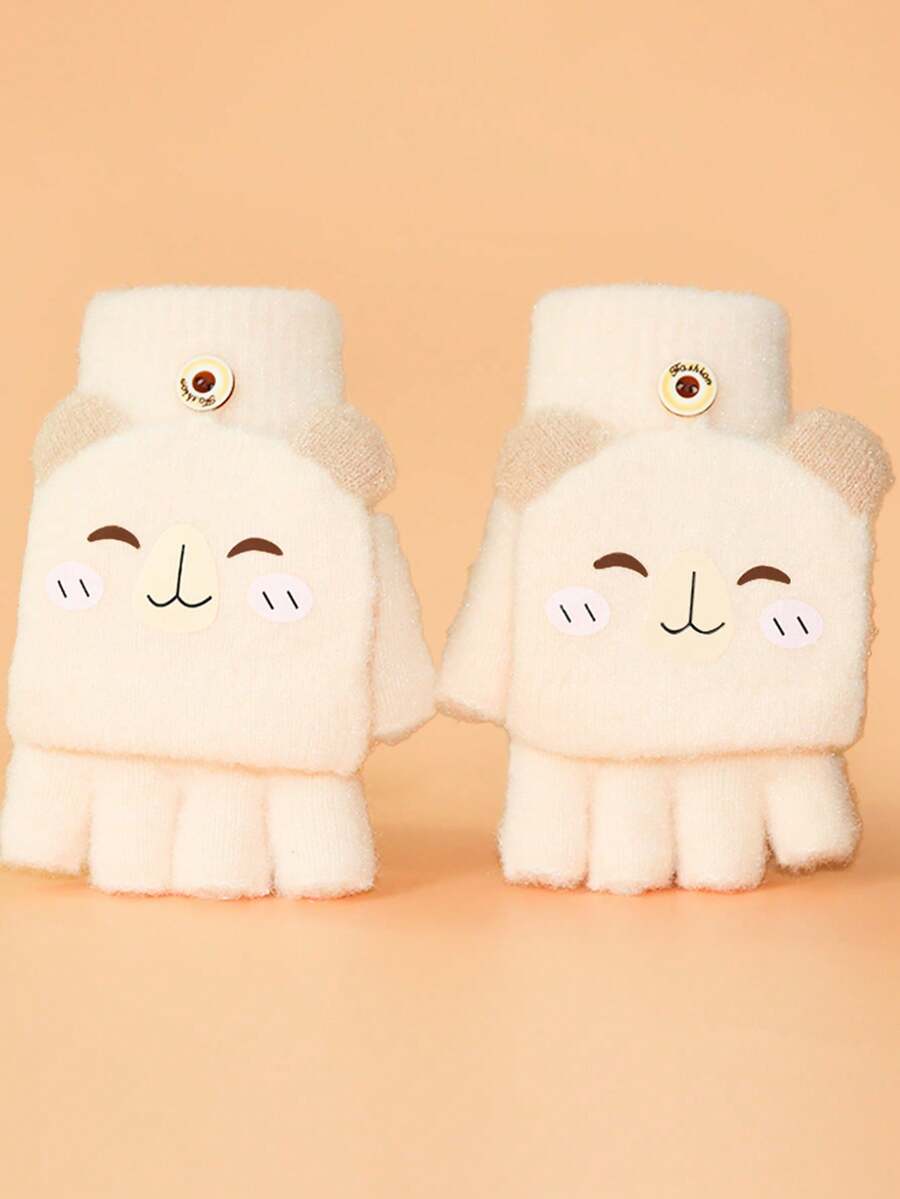 1双儿童5-12岁冬季保暖卡通绵羊五指手套带翻盖，透气半指设计，适合男孩和女孩 - 5-12歲 - 查看 1