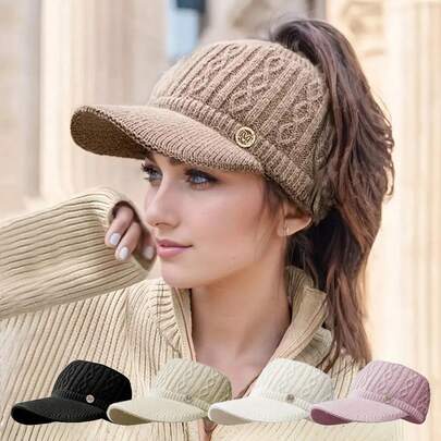 Autumn/Winter Warm Knitted Plush Hat, Oversized Plush Baseball Cap With Ponytail Hole, Suitable For Outdoor Sports Enthusiasts, Brimless Cap, Girls Version