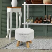 Round Teddy Boucle Storage Ottoman Foot Stool, Soft Sponge Foot Rest With Wooden Legs, Small Upholstered Storage Bench For Entryway, Bedroom, Living Room & Couch - White - View 4
