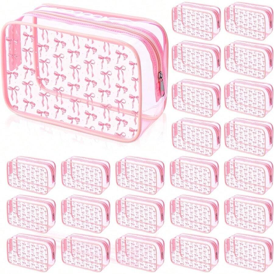 Kacctyen 24 Pcs Pink Bow Cosmetic Bag Coquette Preppy PVC Makeup Bag Bulk Zippered Travel Toiletry Pouch Gift For Women Birthday Party Favor Organizer - 粉色 - 查看 1