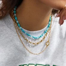 S SHOPBOHO 1pc 18K Gold Plated Stainless Steel Waterproof Mini Metal Bead Chain Layered Necklace, Women