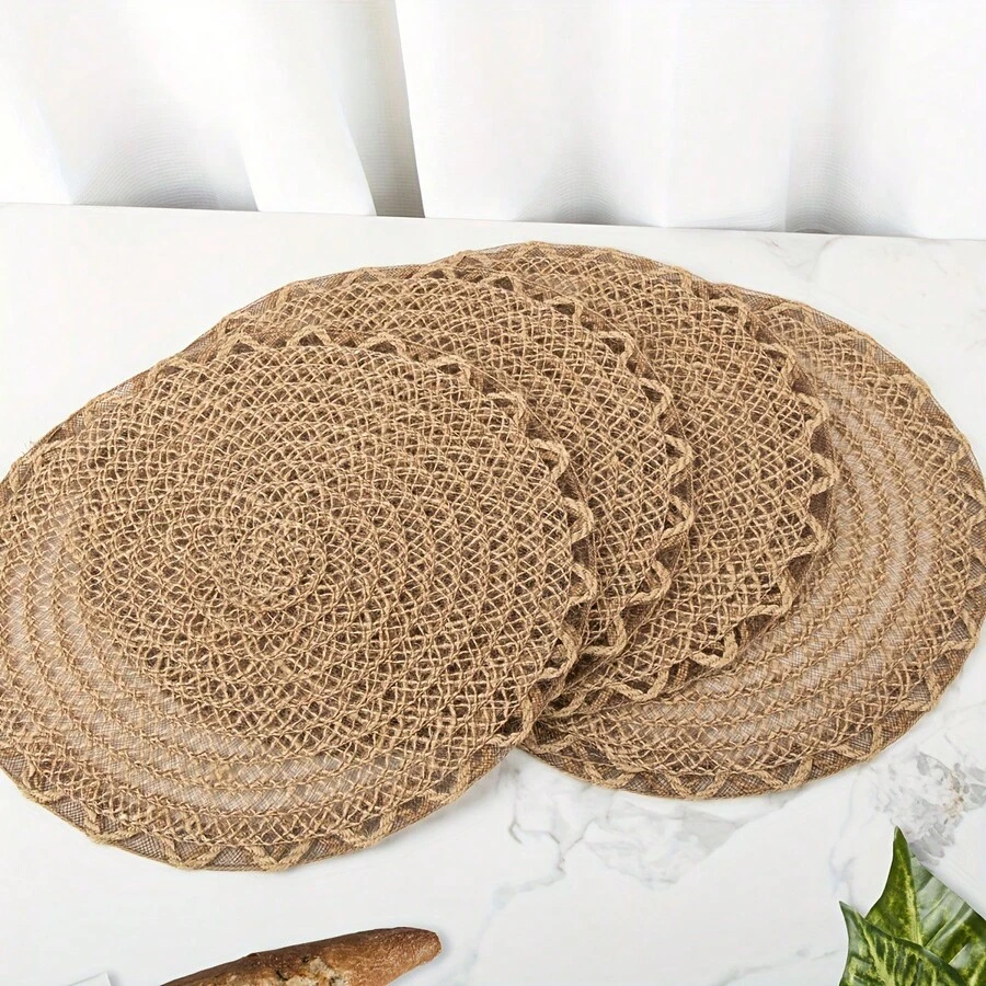 1/4/6/12pcs Bohemian Style Solid Color Woven Rope Round Placemats, Dining Table Decor, Home Party Decoration - Khaki - View 1