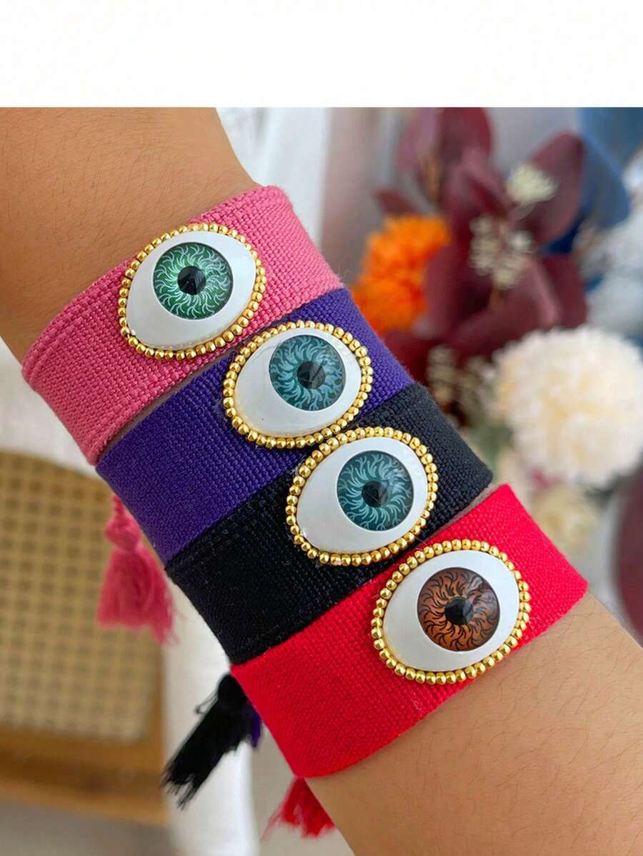 1 件魔鬼之眼铜串珠豹纹编织流苏手链，适合女性日常佩戴
