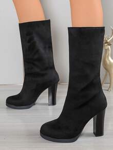 Black Thick Heel Women's Fashion Boots, High Heels, Platform Shoes, Winter Casual Fabric Footwear, Non-Holiday Vacation - Black - View 2