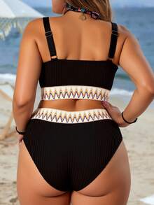 Swim Lushoire 夏季沙滩加大胶带比基尼套装上衣和高腰下装两件套泳衣 - 黑色 - 查看 2