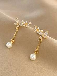 1pair Exquisite Stainless Steel Cubic Zirconia Butterfly & Faux Pearl Decor Drop Earrings For Women For Gift