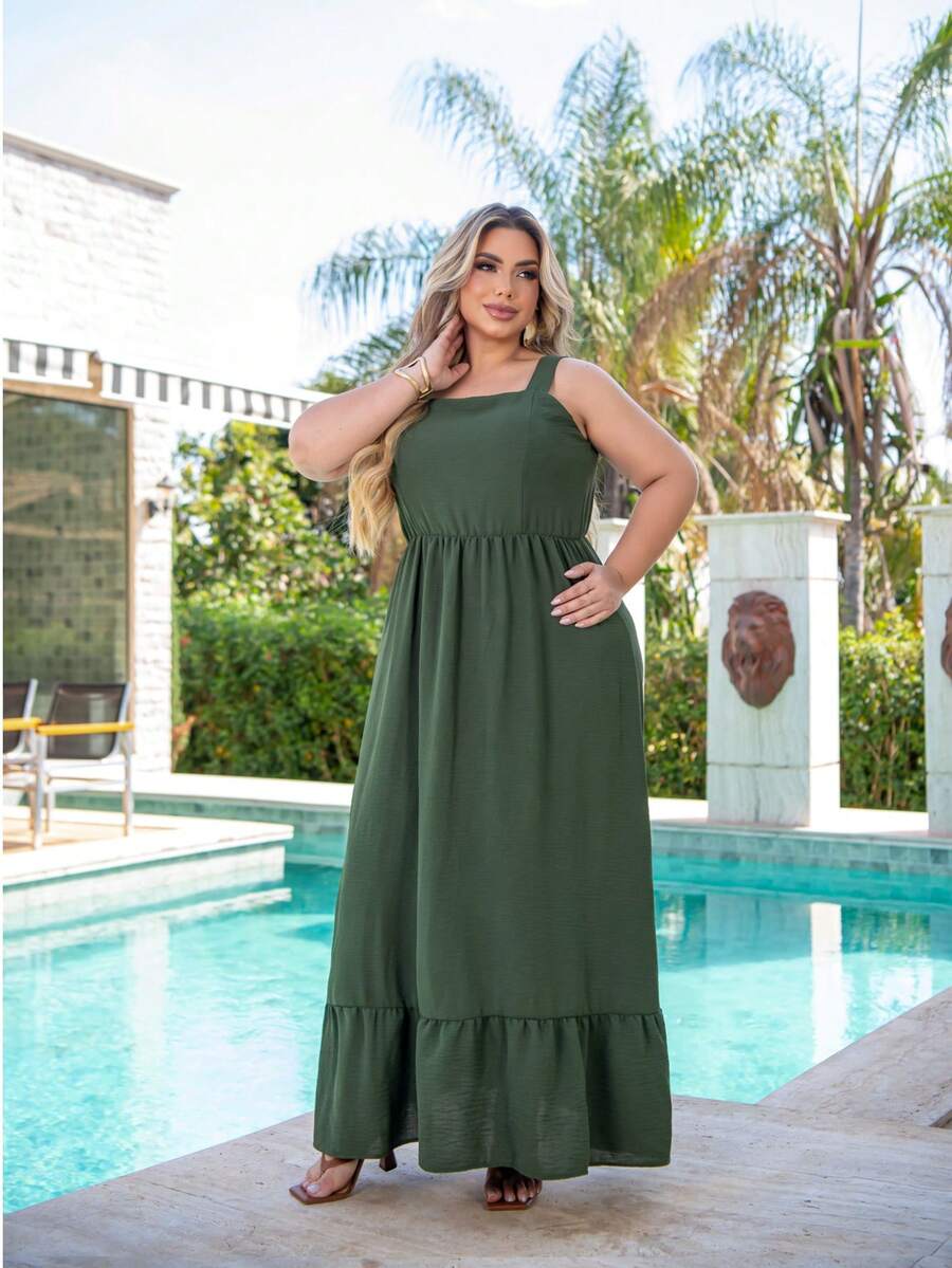 Plus Size Iris Long Strap Dress With Square Neckline Elegant Casual Vacation Wedding - 綠色 - 查看 1