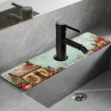 1pc/90pcs Winter, Houses In The Snow, Holly Leaves And Candy Canes Printed Faucet, Water-Absorbing Drying Mat, Retro Coffee Water-Absorbing Quick-Drying Mat, Rubber-Based Toilet And Kitchen Countertop Faucet Water-Absorbing Drying Mat, Suitable For Faucets Used In Offices, Commercial Farms And Homes, Decorative Store Kitchen Decorations