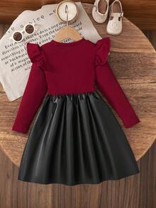Set di abito a blocchi di colore in maglia a righe con spalla scoperta, maniche lunghe, collo rotondo, fiocco, patchwork in finta pelle, orlo a-line, adatto per uso quotidiano, casa, esterno, sport in primavera e autunno - Rosso e nero - Visualizzare 2