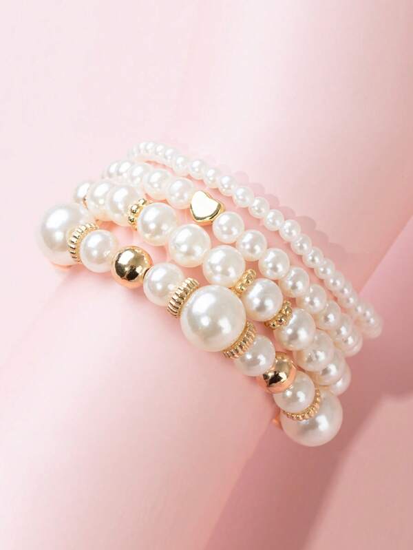 Set de 4 piezas de pulseras elegantes y lindas con cuentas de perlas blancas en forma de corazón, adecuadas para niñas para uso diario, fiestas y reuniones
