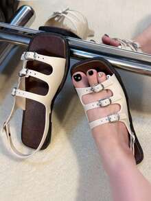 2025新款法国高端露趾平底凉鞋，软底搭扣复古时尚罗马鞋，夏季仙女风沙滩舒适镂空搭扣套脚平底凉鞋，百搭（尺码偏小），圣诞派对平底凉鞋 - 米色 - 查看 1