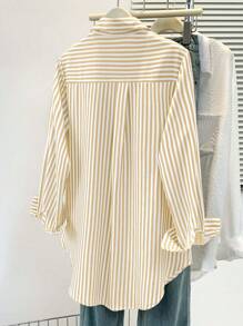 ​Women's Casual Basic Striped Point Collar Long Sleeve Shirt Top With Button Pocket, Daily Office Wear Fall Winter Spring Clothing​