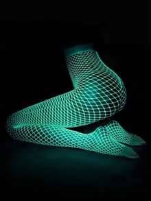 Extra Long Glow In The Dark Pantyhose - Fluorescent Green Sheer Women's Tights W/ Lace Details - 白色 - 查看 2