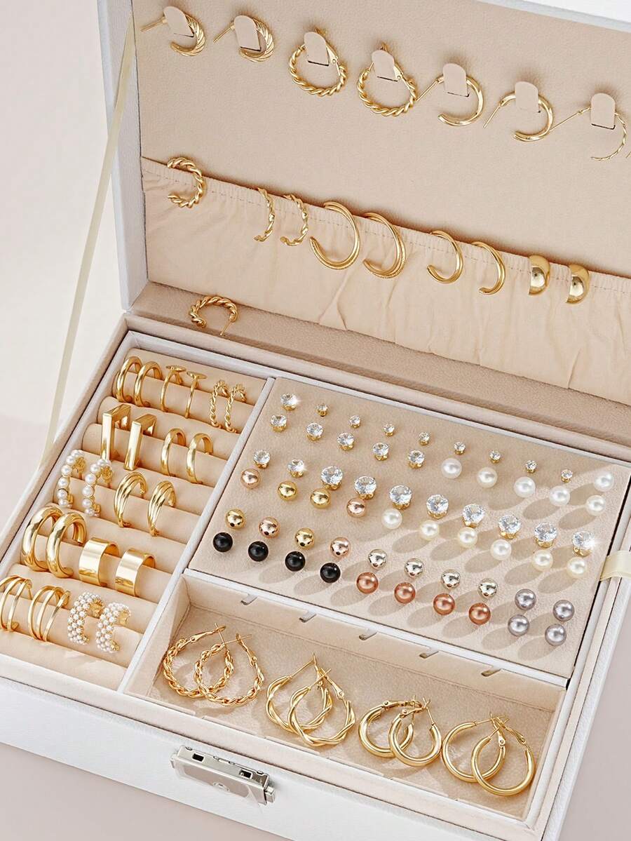 108pcs Simple Faux Pearl & Rhinestone Metal Geometric Stud Earrings & Hoop Earrings Set, Gift For Women, Suitable For Vacation, Date, Daily Casual, Wedding Matching - Vàng - Xem 1
