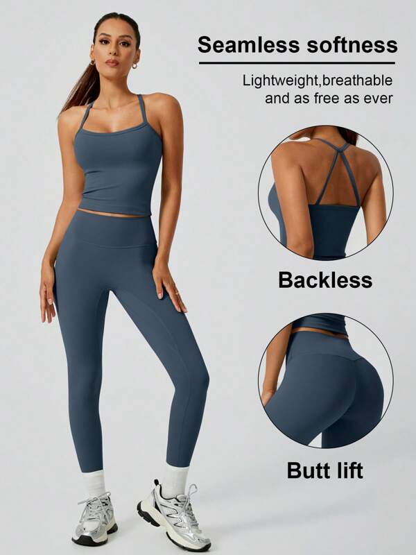 Damen Mode rückenfrei elastisch gepolsterter Kreuzriemen Träger Camisole und Leggings Sportanzug, Frühling/Sommer