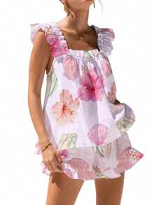 Womens Pajamas Set Bow Floral Print Ruffle Sleeveless Tank Top And Shorts Sleepwear Set Summer 2 Piece Outfits Women Floral Print Pajama Sets 2 Piece Lounge Set Ruffle Trim Sleeveless Top And Shorts Pjs Sleepwear - 粉底海棠花 - 查看 6
