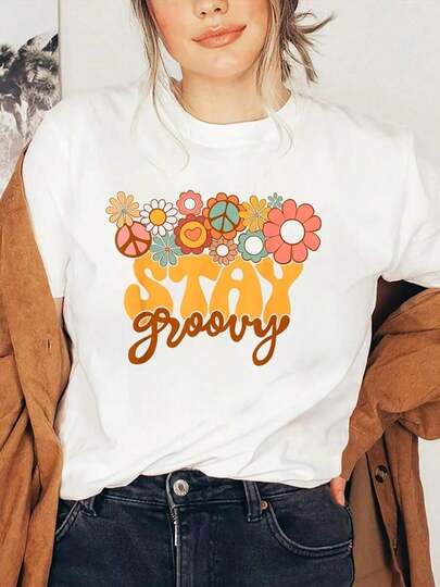 1 pieza Camiseta Stay Groovy Floral Hippie 70S para verano y otoño, camisetas gráficas para mujer, 210g 100% algodón, los diseños están impresos. Unisexo.