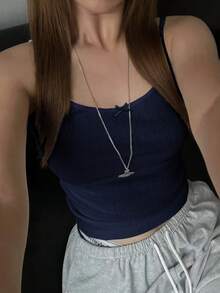 Y2K Style Bow Decor Camisole Tank Top, Versatile For Women In Summer, Suitable For Valentine's Day, Back To School, Casual & Home Wear - Navy Blue - View 9