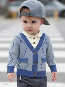 1pc Toddler Boys' Fashionable Lapel Diamond Grid Faux Pocket Long Sleeve Cardigan Sweater, Suitable For Everyday And Vacation, Spring/Autumn/Winter - Blue - View 8