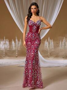 GIFORU Luxury Wine Red Sequin Spaghetti Strap Beaded Mermaid Dress, Fitted Silhouette, New Bride Wedding Gown, Formal Prom Gown, Women's Occasion Dress For Wedding, Party, Birthday - Hot Pink - View 7