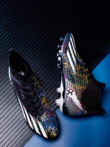 2025新款透气高帮足球鞋，长钉鞋钉，成人及学生训练鞋 - 黑色 - 查看 2