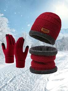 Conjunto unisex de gorro tejido con forro térmico, cuello, bufanda y guantes para otoño/invierno, resistente al viento y cálido para atuendos de invierno juveniles esponjosos