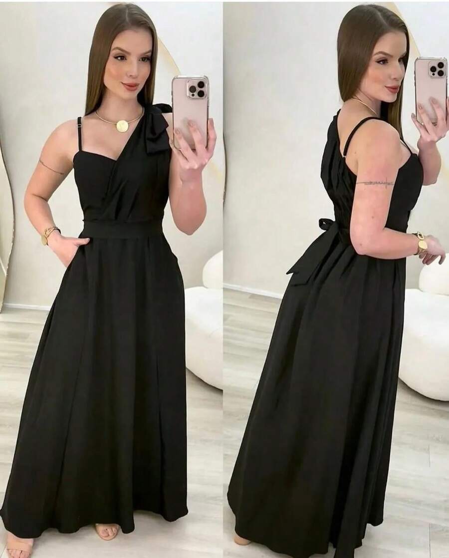 Women's Long Dress With Straps, Elegant Bow, Chic Party, Wedding, Graduation, Evangelical Fashion, Bojo - 黑色 - 查看 1