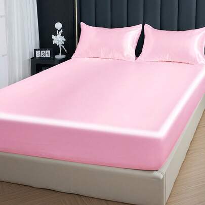 2/3pcs Fitted Sheet Set, Bedding Set, Satin Bed Sheets Set, Solid Color Skin-Friendly Bed Cover Set, PinkBedding Set, Room Decor, Soft And Comfortable, Mattress Protector For Bedroom Decor, 1 Bed Sheet With 1/2 Pillowcases, Deep Pocket, For Single/Twin/Full/King/Queen Bed Sizes, Luxury Bedding, Machine Washable, Cool Touch For Sleeping, Perfect Valentine's Day Gift, Valentine's Day, Valentine's Gift