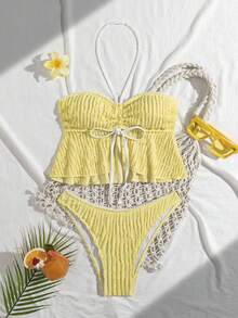 Nuevo conjunto de mujer de moda para resort de playa con tela especial y adorno de encaje en color amarillo pálido - Amarillo - Ver 2