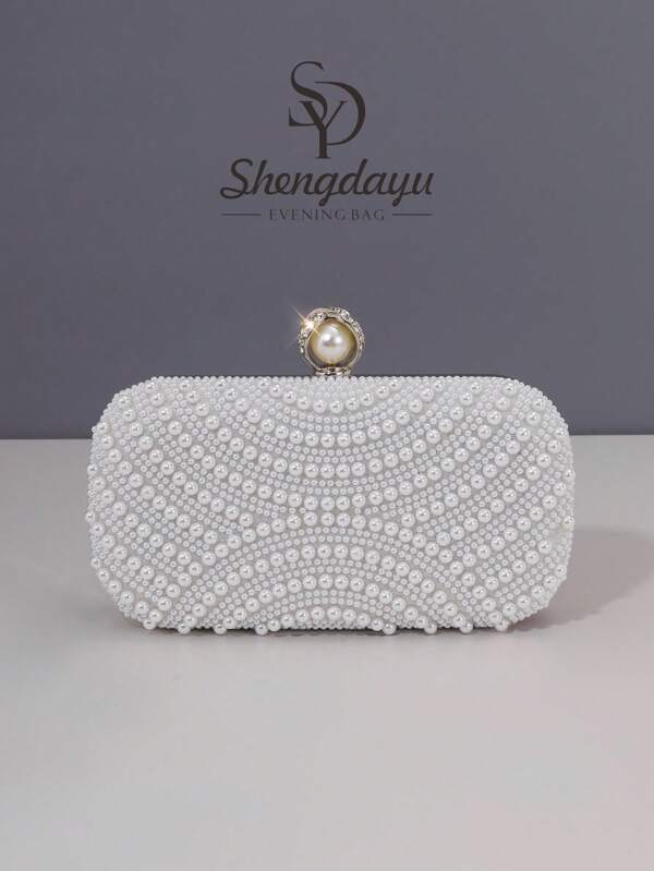 SHENGDAYU Women's Multi Functional Fashion Water Drop Faux Pearl Mini Box Handbag, Exquisite Evening Dress Bag, Retro Luxury Crystal Formal Dress Party Bag, Suitable For Romantic Weddings, Celebrations, Balls, And Formal Christmas Parties, Comes With A Chain.Pearl Clutch ﻿