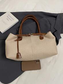 Dedoo 1pc FEISTURE Faux Suede Handbag, Large Capacity Solid Color Mature Elegant Ladies Tote Bag, Retro Style Work Bag, Suitable For Girls, Women, College Students, Office Workers - Brown - View 8