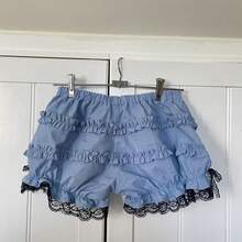 Women's Summer Ruffled Shorts With Black Lace Trim For Daily Wear With Bow Detail And Layered Design - 藍色 - 查看 6