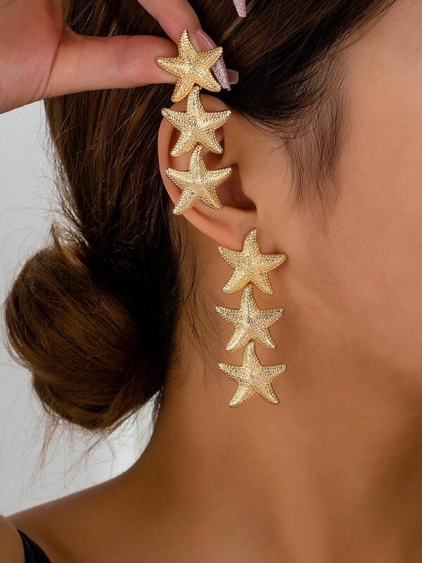 1 Pair Asymmetric Shell & Starfish Earrings, Beach Vacation Style For Women