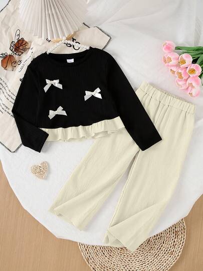 2 piezas Conjunto de camiseta de manga larga y pantalones de punto suave con decoración de lazo para niñas, adecuado para uso al aire libre, otoño/invierno