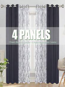 2 件树枝印花 + 2 件纯色遮光窗帘 4 件套，乡村花卉印花装饰窗帘，顶部有不锈钢环，方便安装 - 灰色 - 查看 5