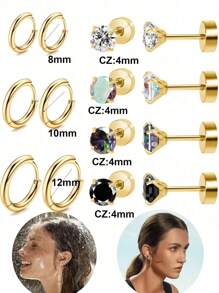 DAILI Gold Earring Sets For Women Multiple Piercing Titanium Stainess Steel Stud Earrings For Sensitive Ears Dot Ball Opal Cubic Zirconia, 20 Gauge, Stud And Hoop Earrings Set Titanium Earrings With Flat Back For Women 3-8 Psirs