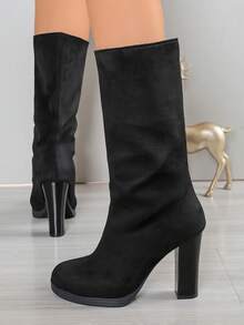 Black Thick Heel Women's Fashion Boots, High Heels, Platform Shoes, Winter Casual Fabric Footwear, Non-Holiday Vacation - Black - View 3