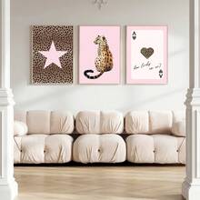 Set Of 3 Unframed Pink Leopard Playing Card Cheetah Star Preppy Art Poster Canvas Print Minimalist Y2K Luxury Girly Room Dopamine Decor Funky Painting For Dorm,Living Room,Bedroom,Modern Home Decoration