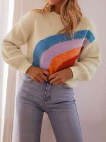 Women's Colorblock Rainbow Patchwork Design Casual Loose Fit Crew Neck Sweatshirt, Fashion, Autumn/Winter - Multicolor - View 2