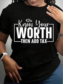 Women's Crew Neck T-Shirt White WORTH THEN ADD TAX Graphic Tee For Casual Wear - 黑色 - 查看 1