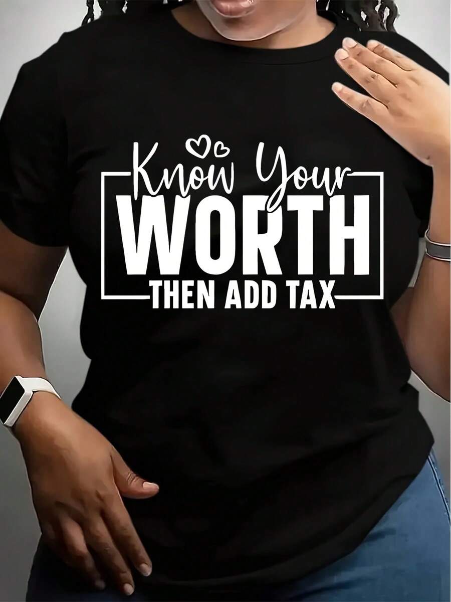 Women's Crew Neck T-Shirt White WORTH THEN ADD TAX Graphic Tee For Casual Wear - 黑色 - 查看 1